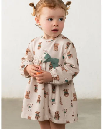 Rochie din amestec de bumbac cu imprimeu, Bej deschis