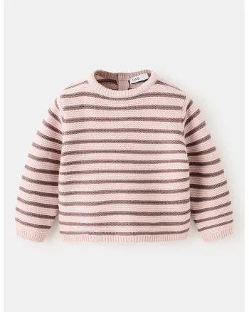 Pulover cu fenta cu nasturi si dungi, Maro/Nude rose
