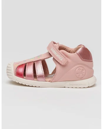 Sandale de piele cu velcro si decupaje, Roz prafuit