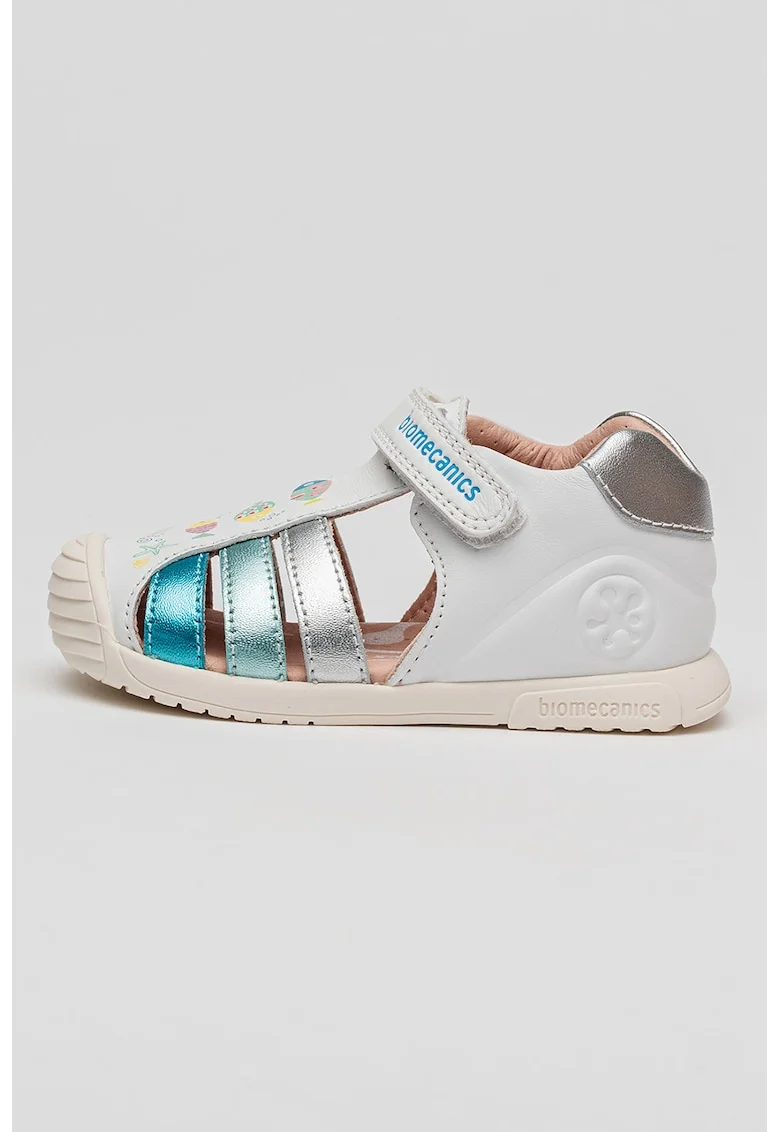 Sandale de piele cu velcro si decupaje, Alb optic/Albastru