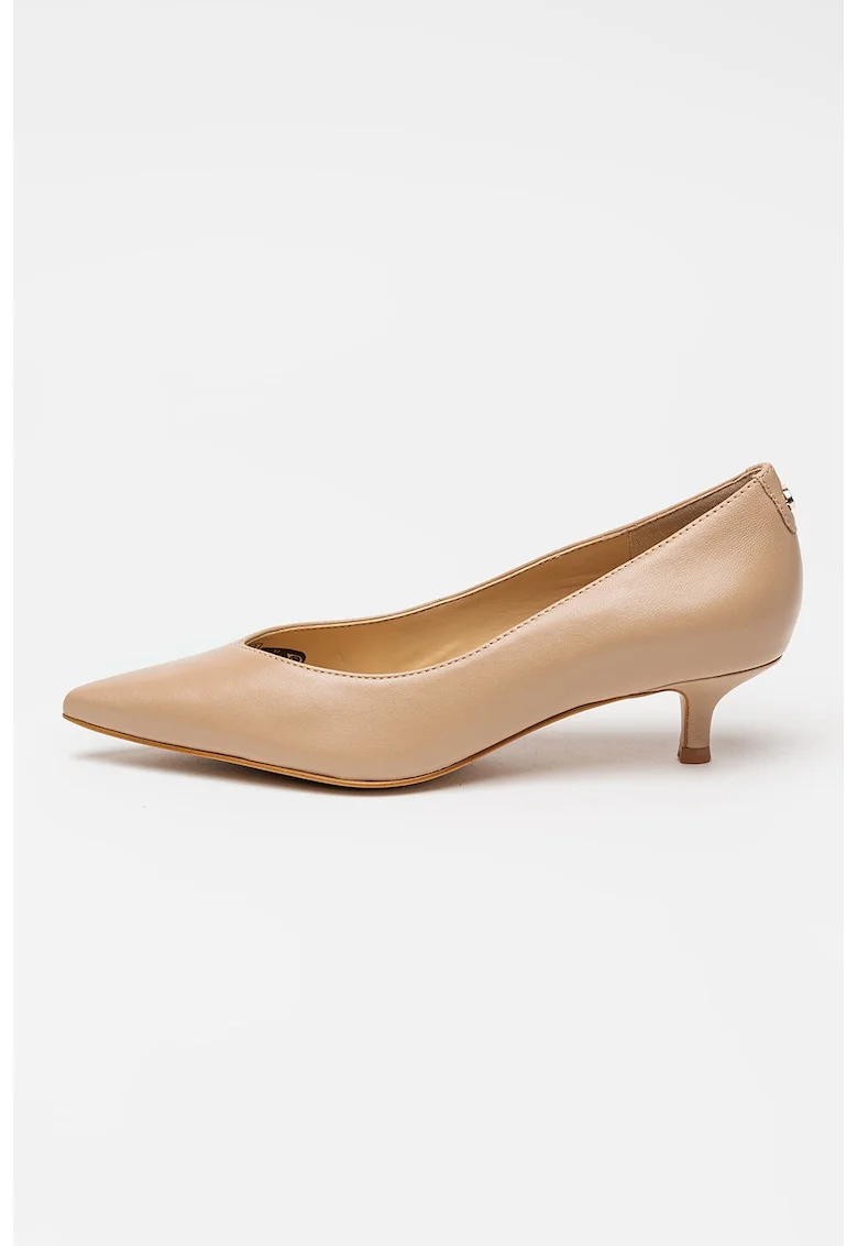 Pantofi de piele cu varf ascutit si toc kitten, Bej inchis
