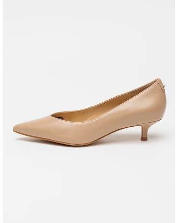 Pantofi de piele cu varf ascutit si toc kitten, Bej inchis