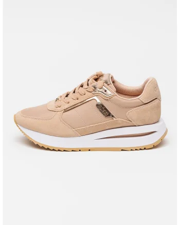 Pantofi sport wedge cu garnituri de piele intoarsa, Nude rose