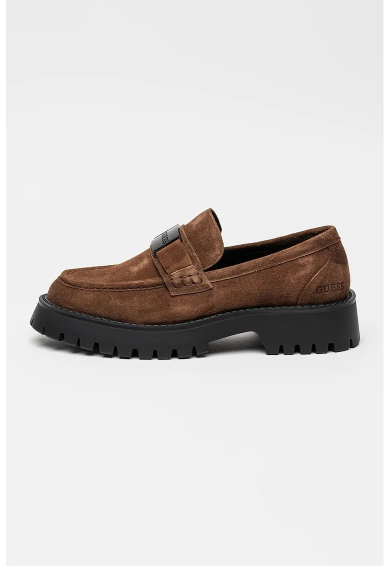 Pantofi loafer de piele intoarsa cu logo, Maro