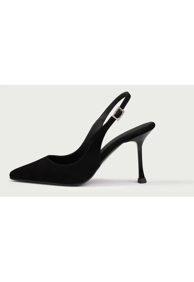 Pantofi decupati cu toc subtire, Leah, din piele intoarsa naturala, Negru