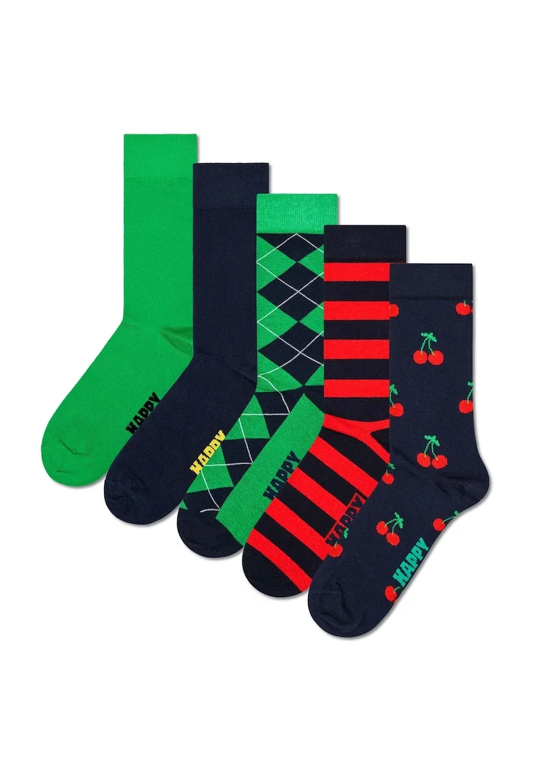 Set de 5 perechi de sosete lungi unisex cu model, Rosu/Verde/Bleumarin