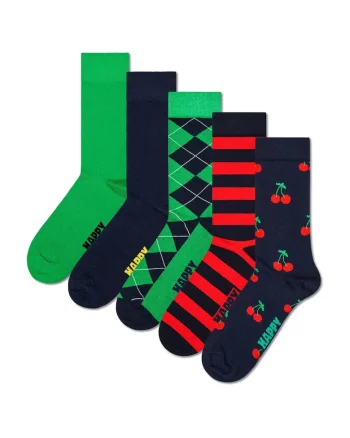 Set de 5 perechi de sosete lungi unisex cu model, Rosu/Verde/Bleumarin