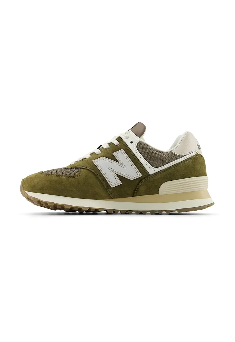 Pantofi sport 574 cu garnituri din piele intoarsa, Alb fildes/Verde masliniu