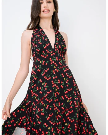 Rochie cu decolteu halter si imprimeu, Negru/Rosu cireasa