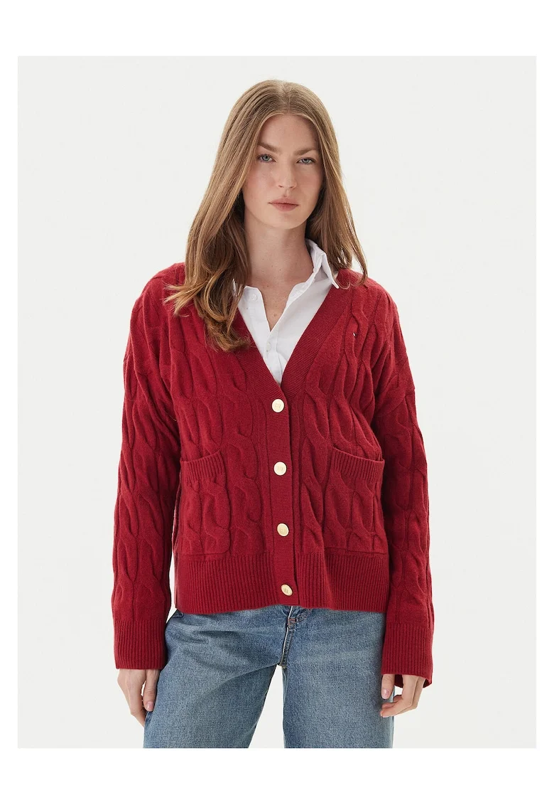 Cardigan din lana cu design torsade, Rosu
