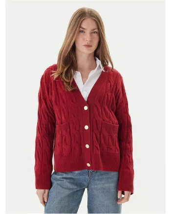Cardigan din lana cu design torsade, Rosu