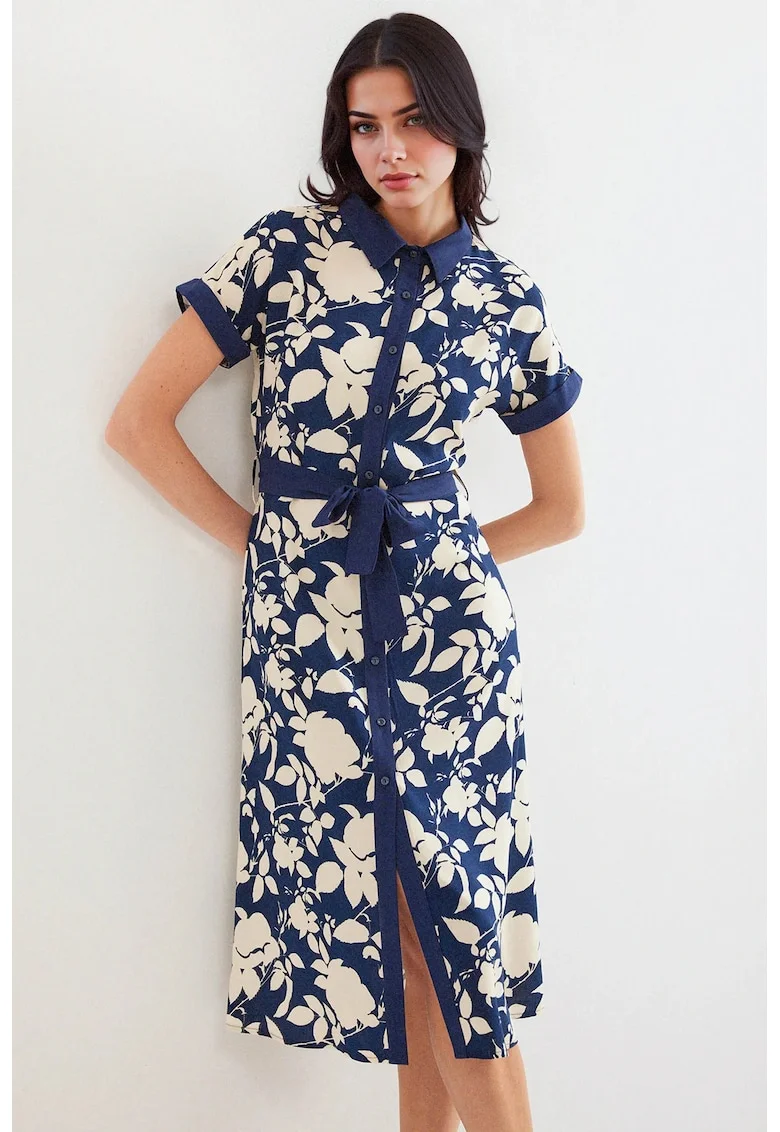 Rochie midi dama HiCCUP, imprimeu floral, viscoza, Bleumarin