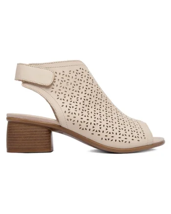 Sandale dama  piele naturala, bej, toc bloc, inchidere velcro,