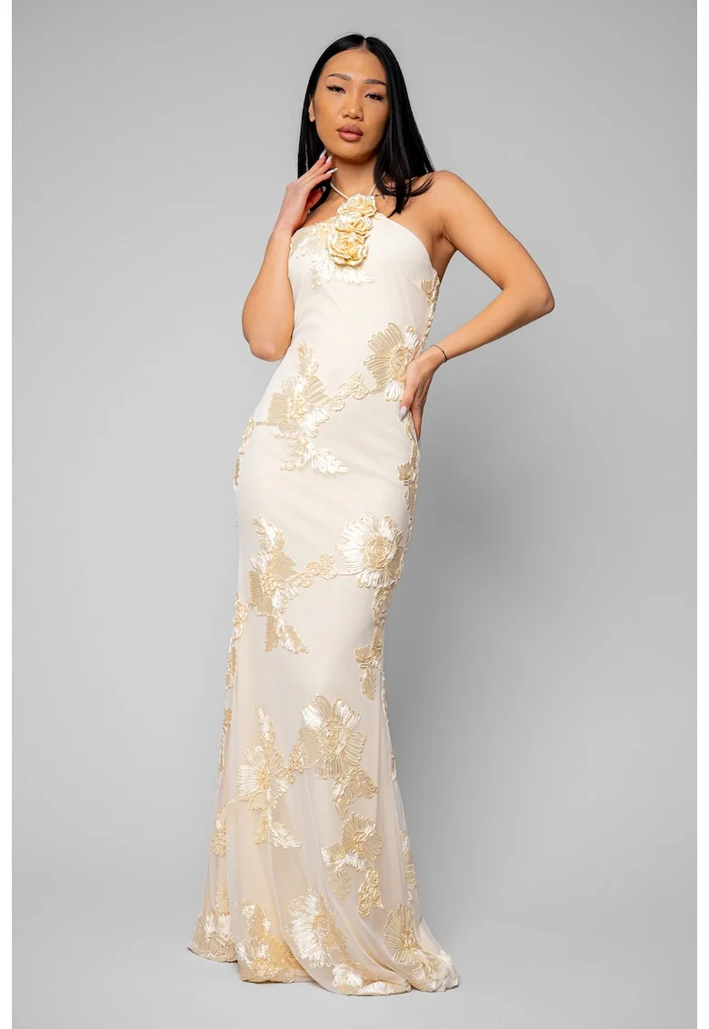 Rochie lunga stramta cu broderie Cream 20404
