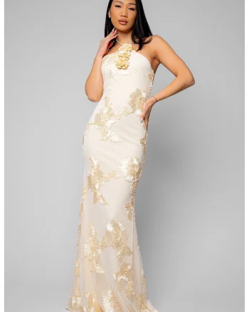 Rochie lunga stramta cu broderie Cream 20404