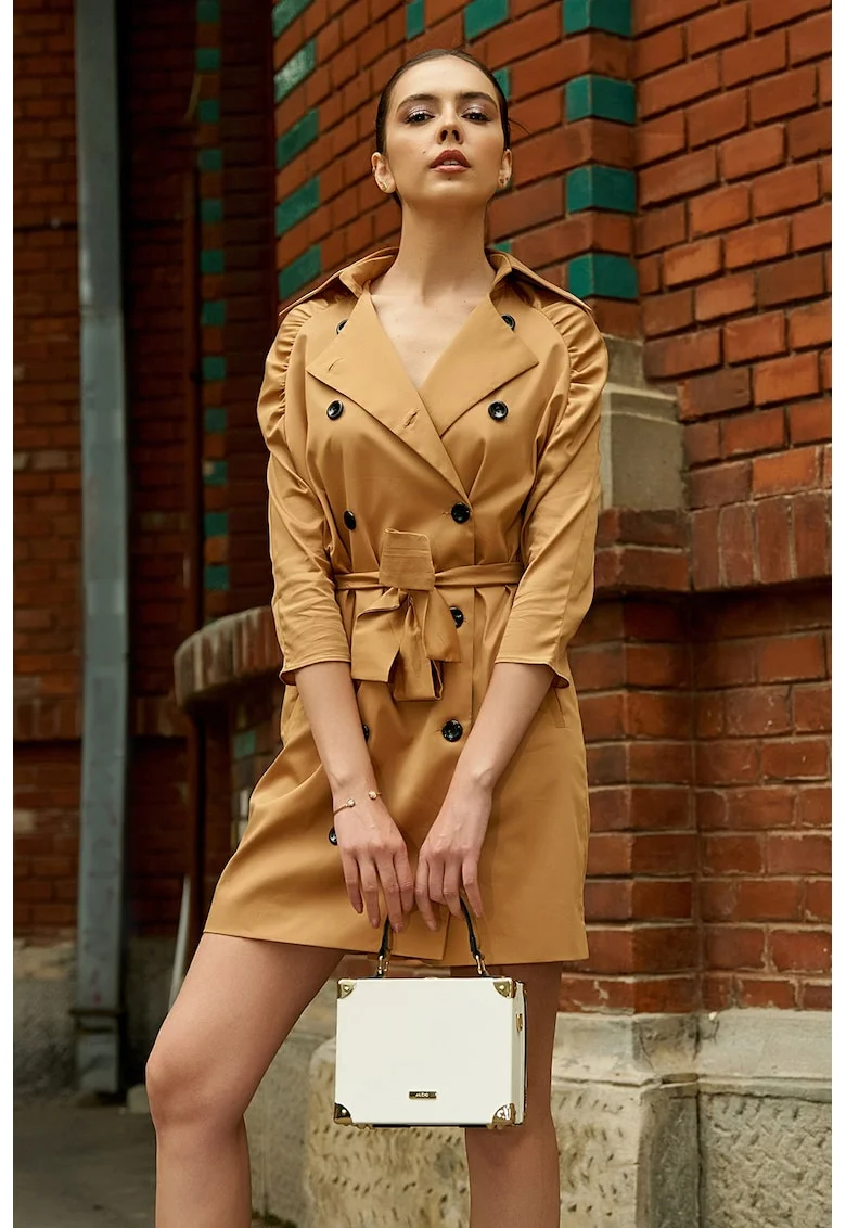 Rochie-pardesiu scurta cu maneci raglan, Maro nisip