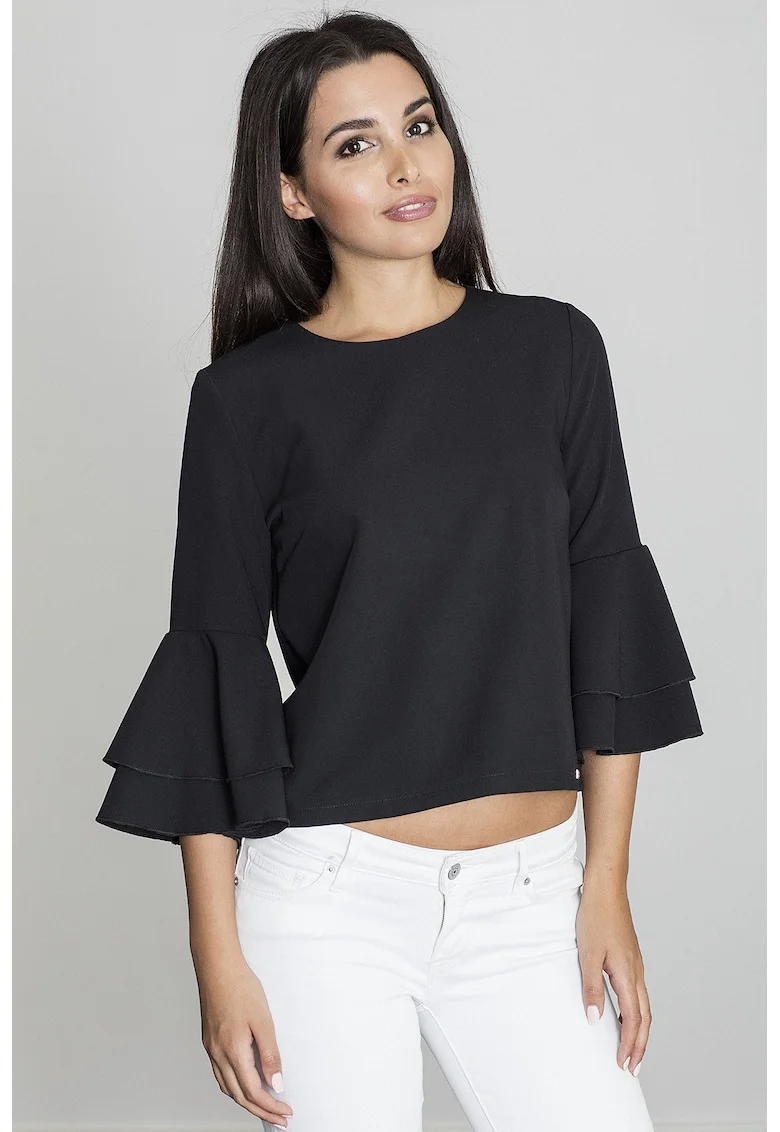 Bluza dama,  Cu volane, Poliester/Viscoza, Negru