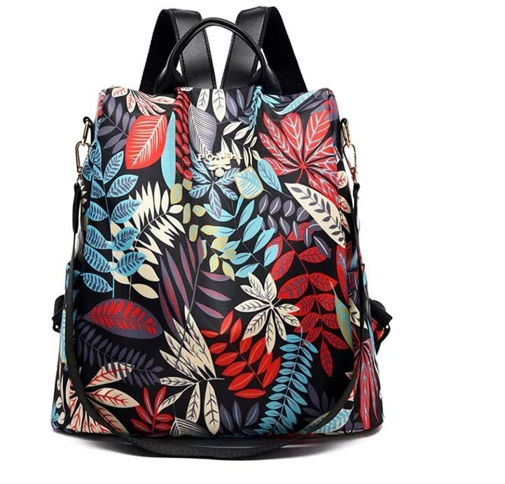 Rucsac dama, Disu GT515, antifurt, model negru, cu frunze