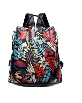Rucsac dama, Disu GT515, antifurt, model negru, cu frunze