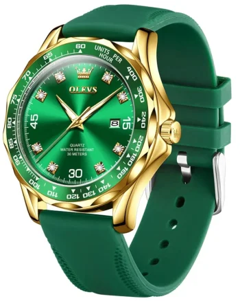 Ceas barbatesc Olevs CS1622, curea de silicon, verde-auriu, cadran verde