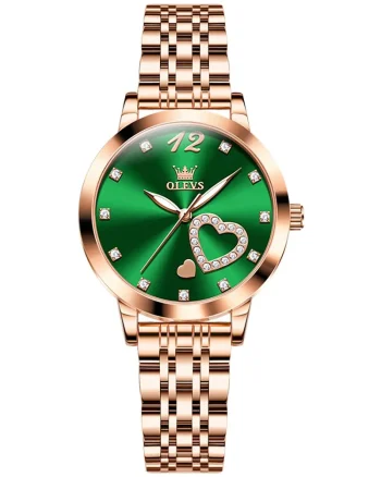 Ceas de dama Olevs CS1689, otel inoxidabil, rose gold, cadran verde
