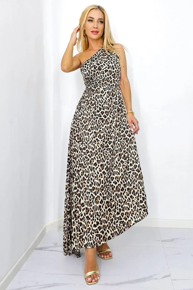 Rochie plisata asimetrica Elza, cu decupaj in zona taliei, Animal print - leopard, Marime S/M