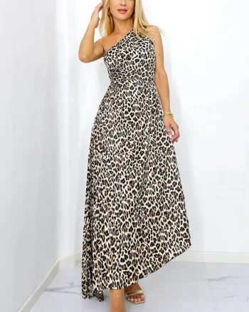 Rochie plisata asimetrica Elza, cu decupaj in zona taliei, Animal print - leopard, Marime S/M