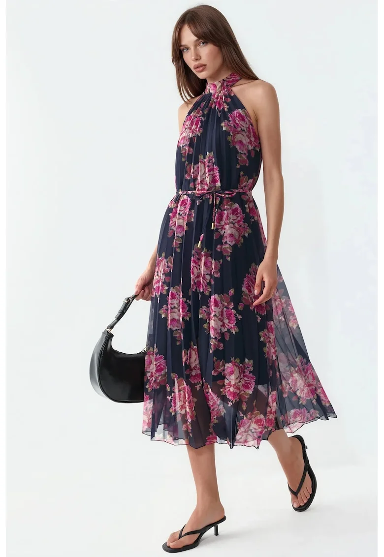 Rochie Maxi  Florala cu Detaliu Snur, Multicolor, Poliester