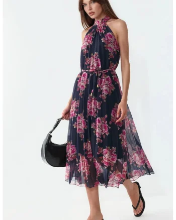 Rochie Maxi  Florala cu Detaliu Snur, Multicolor, Poliester