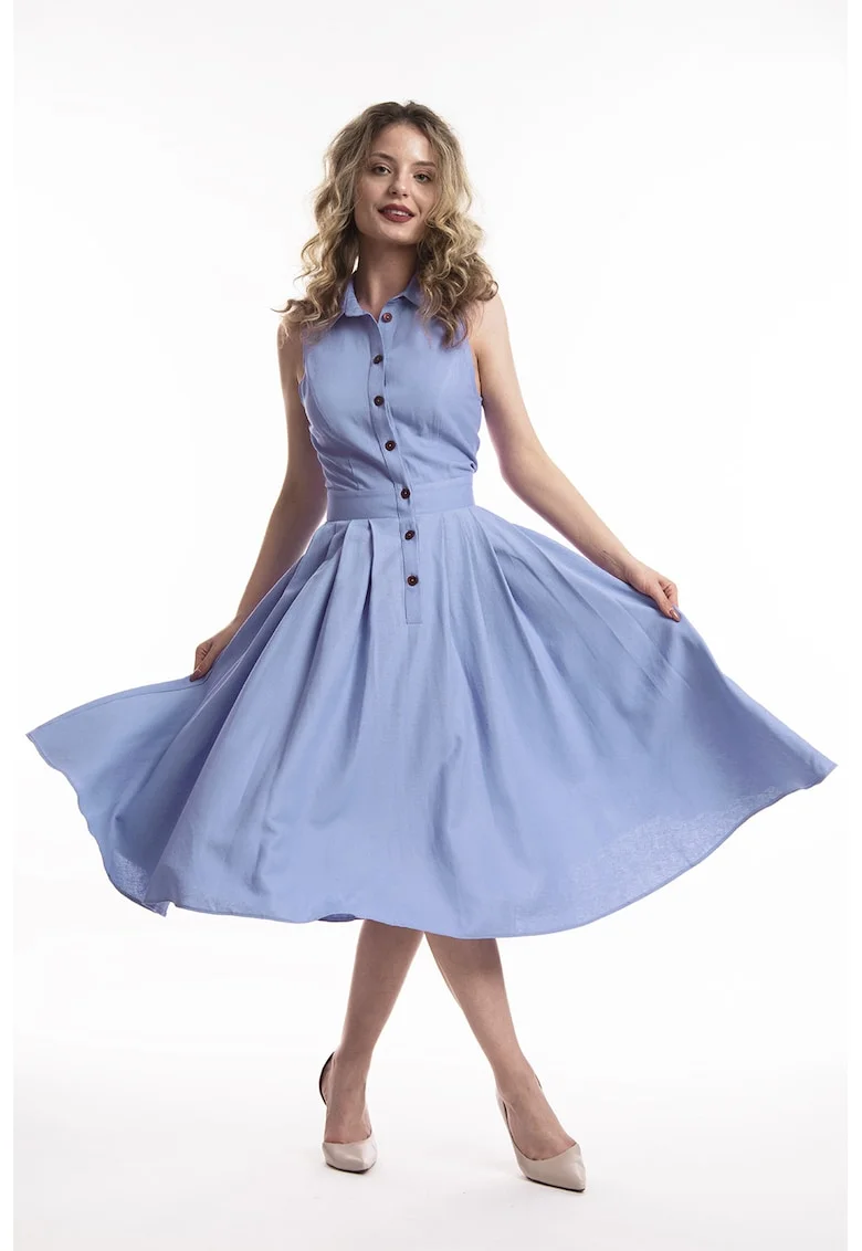 Rochie midi de in cu croiala evazata Valeria, Albastru azur