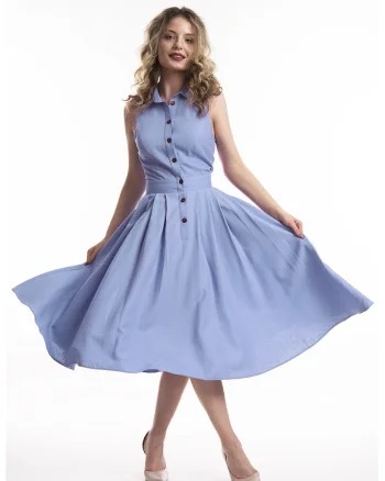 Rochie midi de in cu croiala evazata Valeria, Albastru azur