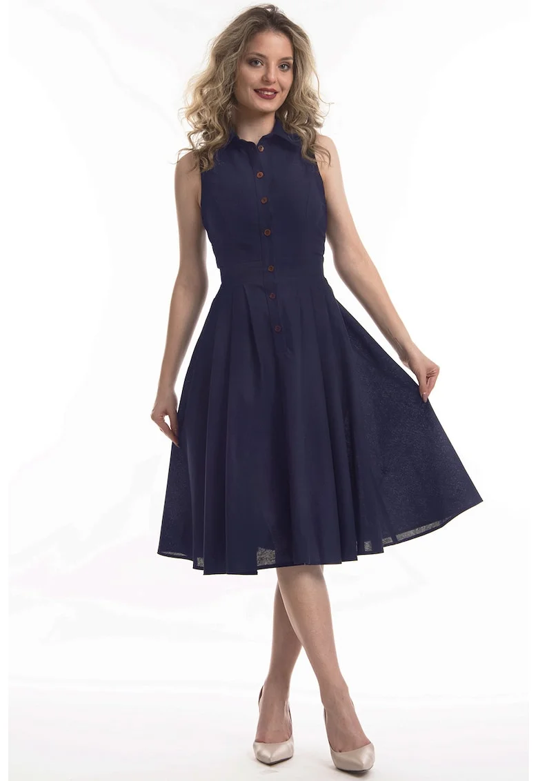 Rochie midi de in cu croiala evazata Valeria, Albastru ultramarin