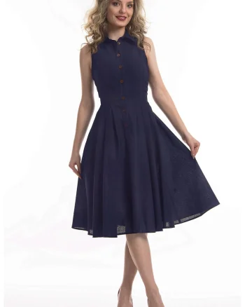 Rochie midi de in cu croiala evazata Valeria, Albastru ultramarin