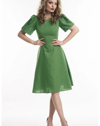 Rochie evazata de in cu maneci scurte, Verde iarba