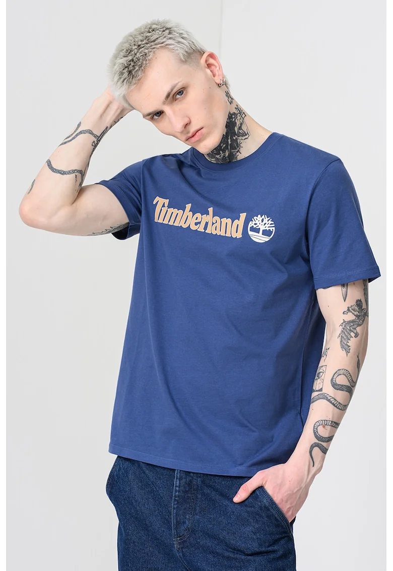 Tricou cu decolteu la baza gatului si imprimeu logo Linear, Albastru inchis/Maro deschis