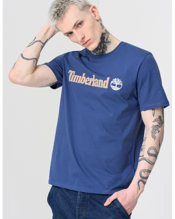 Tricou cu decolteu la baza gatului si imprimeu logo Linear, Albastru inchis/Maro deschis