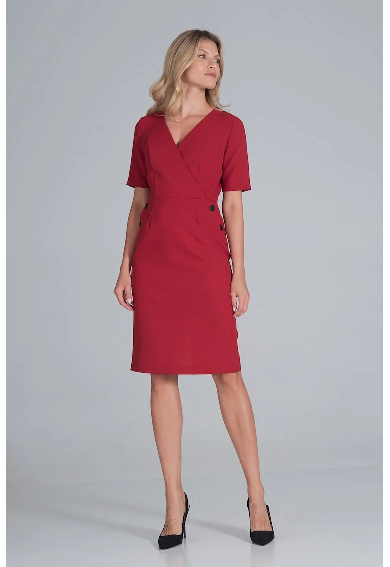 Rochie creion  maneca scurta, poliester, Rosu