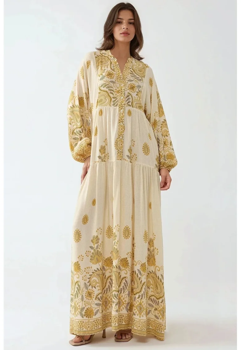 Rochie maxi,  decolteu in V, material textil, Galben lamaie, Galben lamaie