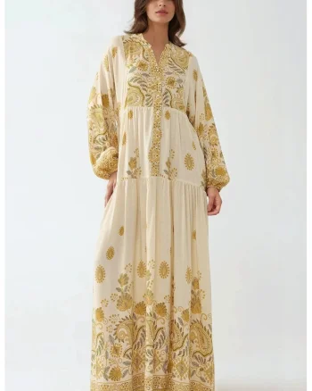 Rochie maxi,  decolteu in V, material textil, Galben lamaie, Galben lamaie