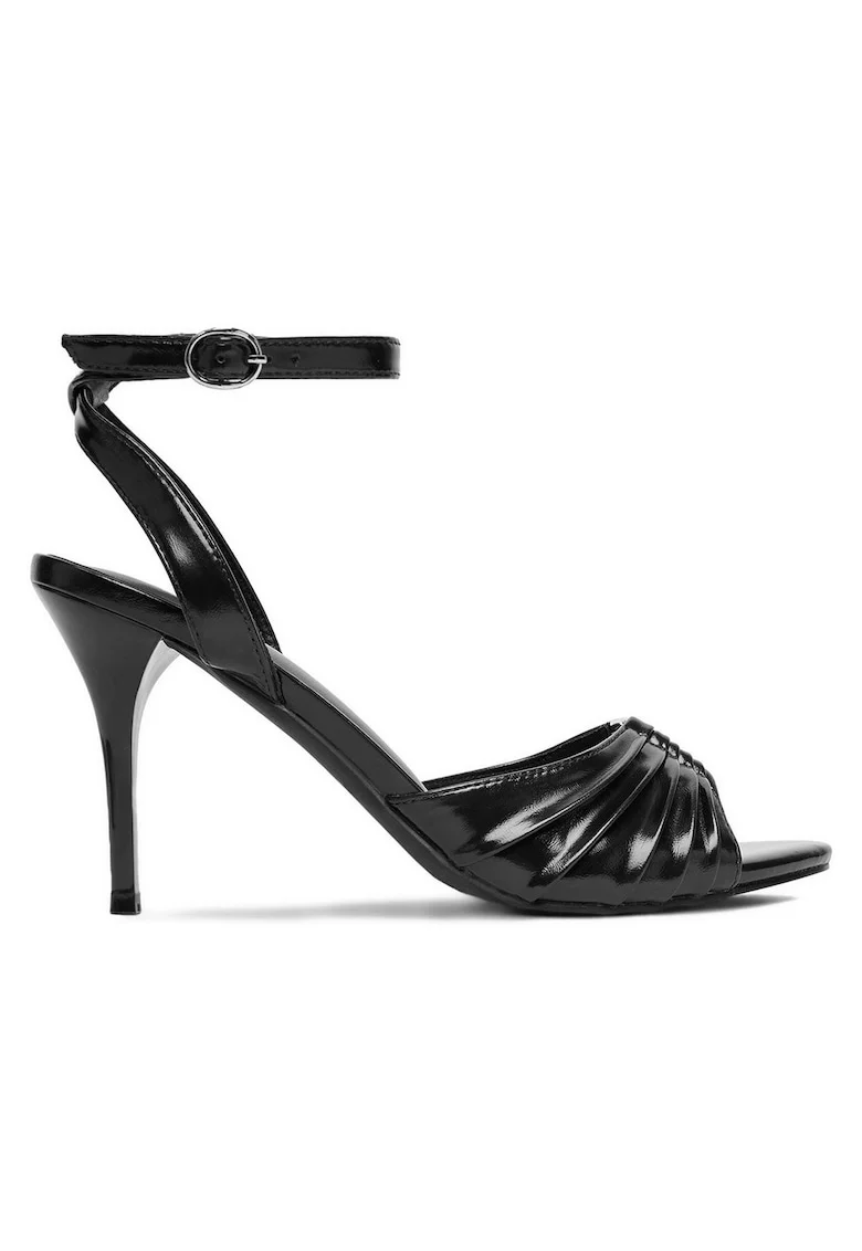 Sandale dama  elegante, negru, material sintetic, toc subtire, inchidere cu catarama