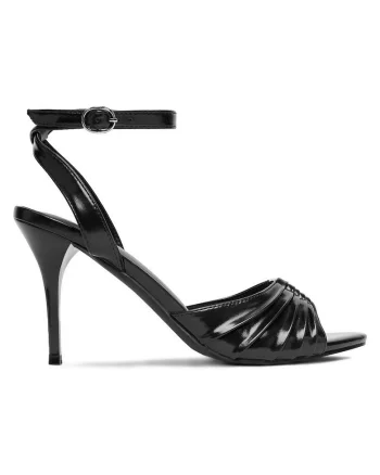 Sandale dama  elegante, negru, material sintetic, toc subtire, inchidere cu catarama