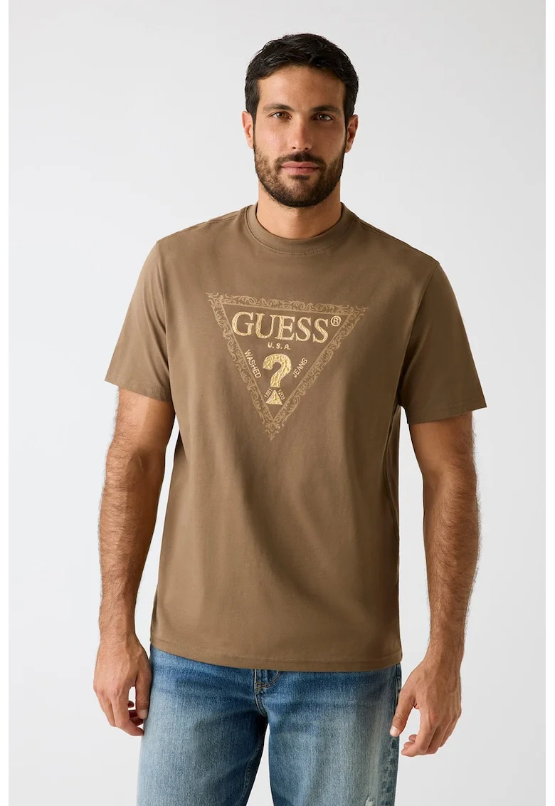 Tricou din bumbac cu imprimeu logo, Bej/Maro deschis