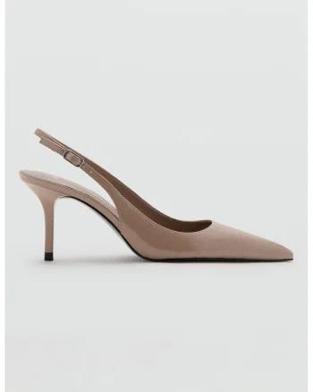 Pantofi slingback de piele ecologica cu aspect lacuit, Maro taupe deschis