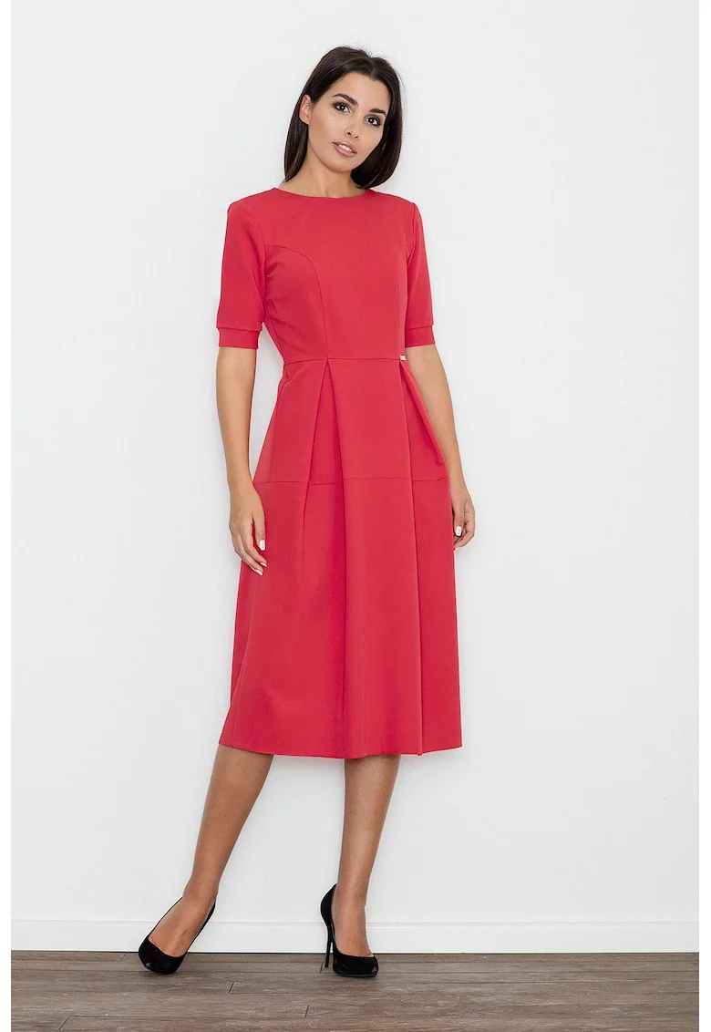 Rochie midi  eleganta, cu maneci scurte, poliester, Rosu