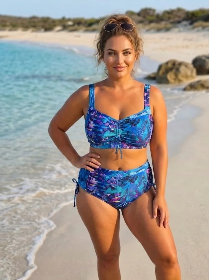 Costum de baie doua piese marimi mari, albastru floral, talie inalta F2720