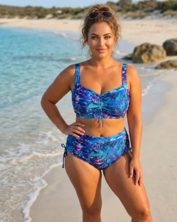 Costum de baie doua piese marimi mari, albastru floral, talie inalta F2720