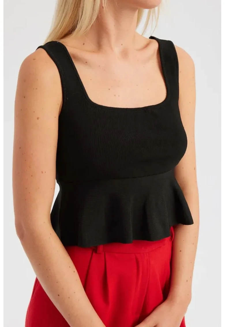 Top tricotat cu volane,  decolteu patrat, negru, jerseu,