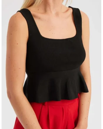 Top tricotat cu volane,  decolteu patrat, negru, jerseu,