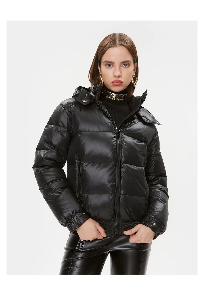 Geaca dama,  matlasata, cu gluga detasabila, neagra, material sintetic,