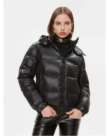 Geaca dama,  matlasata, cu gluga detasabila, neagra, material sintetic,